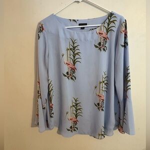 Ann Taylor Women’s Blue -Bell Sleeve Bamboo Tropical Bird Print Blouse-Sz M